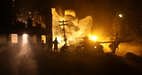 war concept. military silhouettes fighting scene on war fog sky background, world war soldiers silho