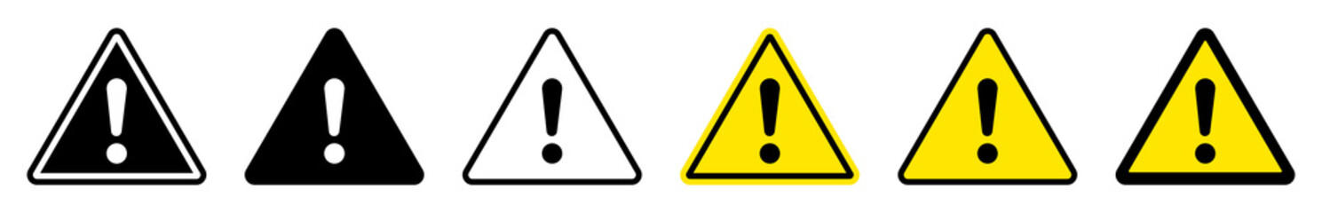 Exclamation mark of warning attention icon. Triangular warning symbols with Exclamation mark. Caution alarm set, danger sign collection, attention vector icon. Vector illustration.