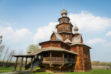 Suzdal, Russia - May 2019:  Wooden traditional buildings in the museum of wooden architecture in Suzdal, Russia. Suzdal is a Golden Ring town around Moscow  is a major tourist attraction.