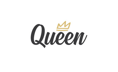 Queen word lettering with gold doodle crown. Vector illustration, calligraphic style text.