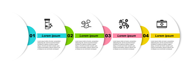 Sticker - Set line Medicine bottle and pills, Dust, Bacteria and First aid kit. Business infographic template. Vector