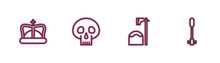 Set Line King Crown, Executioner Axe Tree Block, Skull And Torch Flame Icon. Vector