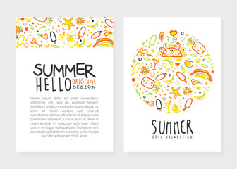 Sticker - Hello Summer Card Template, Poster, Banner, Invitation, Flyer Design with Summer Symbols Pattern and Space for Text Vector Illustration