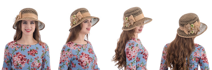 Blonde girl in a straw hat on a white background. Feminine hats made from natural materials