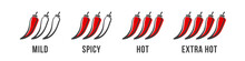 Pepper Icons, Chili Spicy Hot Levels Of Chilli Medium To Red Hot, Vector Food Labels. Chili Pepper Spicy Icons For Fast Food Or Burgers Sauce Menu