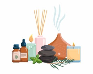 Composition with aromatherapy accessories with essential oils. Aroma lamp, diffuser, essential oil, stones and aromatic flowers. Vector illustration on white background.