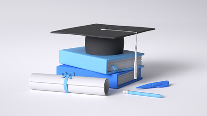 Wall Mural - 3D graduation cap and diploma. 3d rendering illustration.