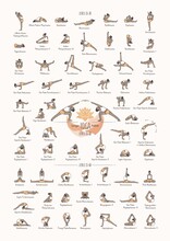 Hand Drawn Poster Of Hatha Yoga Poses And Their Names, Iyengar Yoga Asanas Difficulty Levels 16-60