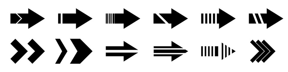 Poster - Black arrows pointing to the right icon set. Vector set of trendy black arrows in flat style. Collection of simple vector arrows. Cursors icons. Vector illustration.
