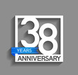 38 years anniversary logotype with white color in square and blue ribbon isolated on grey background. vector can be use for company celebration purpose
