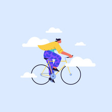 Flat Illustration Of A Woman Wearing Yellow Shirt Riding Yellow Road Bicycle With Blue Sky And Clouds On The Background