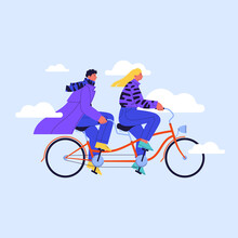 Flat Illustration Of A Couple Riding Red Tandem Bicycle With Blue Sky And Clouds On The Background