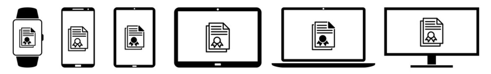 Poster - Display Contract, Document, Deed, Certificate Icon Devices Set | Web Screen Device Online | Laptop Vector Illustration | Mobile Phone | PC Computer Smartphone Tablet Sign Isolated