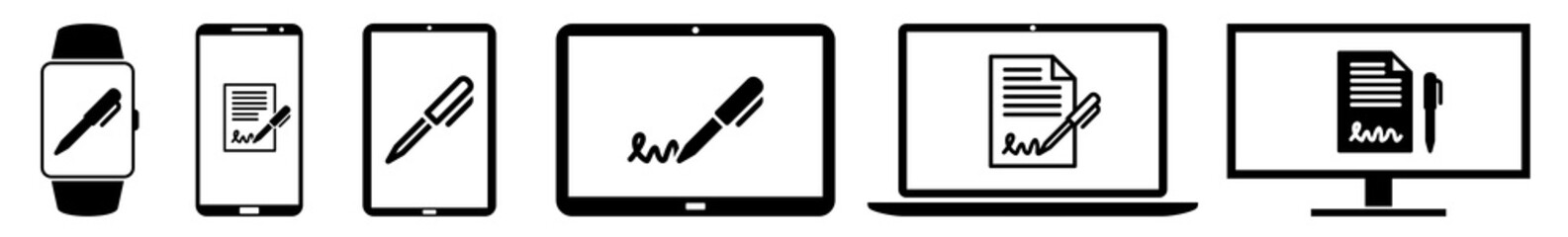 Poster - Display Contract, Pen, Signing, Signature, Sign Icon Devices Set | Web Screen Device Online | Laptop Vector Illustration | Mobile Phone | PC Computer Smartphone Tablet Isolated