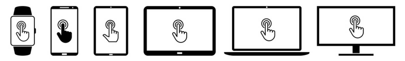 Poster - Display hand, touch Screen finger, click, tap Icon Devices Set | Web Device Online | Laptop Vector Illustration | Mobile Phone | PC Computer Smartphone Tablet Sign Isolated