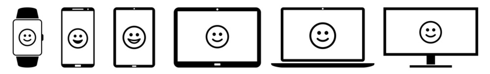 Poster - Display happy, face, feeling, smiley, emoticon Icon Devices Set | Web Screen Device Online | Laptop Vector Illustration | Mobile Phone | PC Computer Smartphone Tablet Sign Isolated