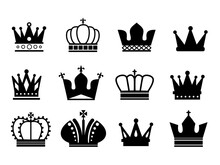 Black Crown Set Flat Icon Isolated On A White Background. Vector Stock Illustration For Card Or Poster