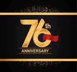 76 years anniversary logotype with premium gold color and red ribbon with glitter background isolated on black background. vector for template party and company celebration