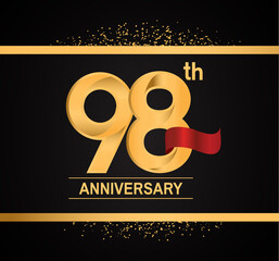 Wall Mural - 98 years anniversary logotype with premium gold color and red ribbon with glitter background isolated on black background. vector for template party and company celebration