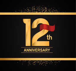 Wall Mural - 12 years anniversary logotype with premium gold color and red ribbon with glitter background isolated on black background. can be use for celebration and party