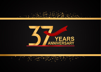 Wall Mural - 37 years anniversary logotype with golden color and red ribbon with glitter background isolated on black background. can be use for celebration and party