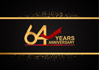 Wall Mural - 64 years anniversary logotype with golden color and red ribbon with glitter background isolated on black background. can be use for celebration and party