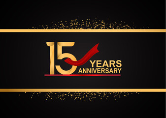 Wall Mural - 15 years anniversary logotype with golden color and red ribbon with glitter background isolated on black background. vector can be use for party, company special event and celebration moment