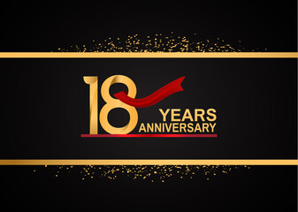 Wall Mural - 18 years anniversary logotype with golden color and red ribbon with glitter background isolated on black background. vector can be use for party, company special event and celebration moment