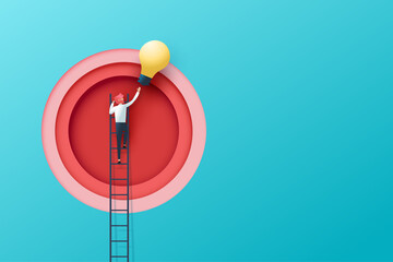 Aufkleber - Business concept and idea solution discovery.Big idea, Creativity, Brainstorming, Innovation concept.Businessman on a ladder reaching light bulb.