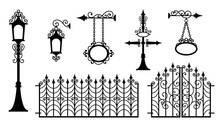 Iron Fence With Gates, Signboards, Lanterns And Pointers. Metal Entrance, Street Lights And Signs In Vintage Style. Beautiful And Sophisticated Forged Design Elements. Isolated Silhouette. Vector