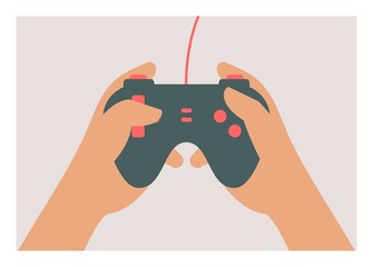 Hand holding game joystick. Simple flat illustration.