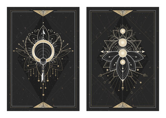 Wall Mural - Vector dark illustrations with sacred geometry symbols, grunge textures and frames. Images in black, white and gold.