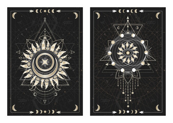 Wall Mural - vector dark illustrations with sacred geometry symbols, grunge textures and frames. images in black,