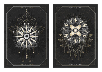 Wall Mural - Vector dark illustrations with sacred geometry symbols, grunge textures and frames. Images in black, white and gold.