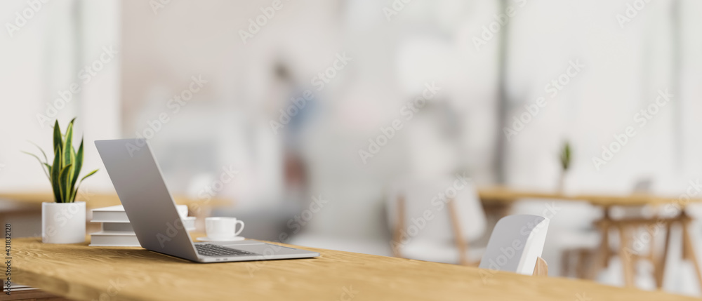 3D rendering, side view of workspace with laptop, supplies, plant pot and copy space on wooden desk - obrazy, fototapety, plakaty 