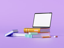 Online Education On Laptop Concept, E-learning At Home Prevent Covid 19. Laptop Computer And Books On Purple Background. 3d Render Illustration