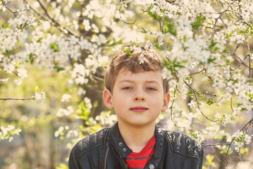 Wall Mural - Portrait of a boy near flowering trees