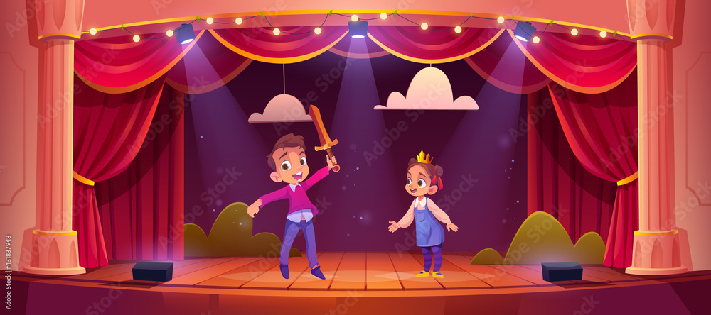 Kids on theatre stage, little children actors playing fairy tale concert with knight and princess characters on school scene with red curtains, illumination and scenery, Cartoon vector illustration - obrazy, fototapety, plakaty 