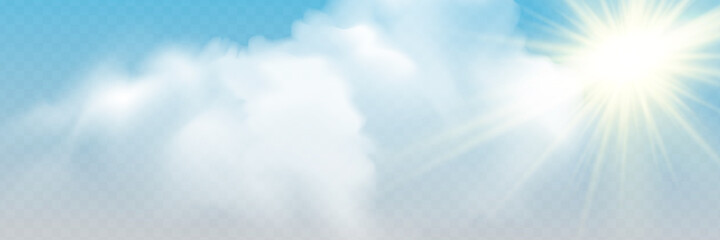 Set of transparent different clouds with sun. Spring, summer isolated on blue background. Real transparency effect.