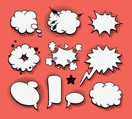 Poster - Pop art speech bubble without text and Transparent Background. Cartoon style vector collection of frames. Comic illustration
