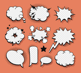 Poster - Pop art speech bubble without text and Transparent Background. Cartoon style vector collection of frames. Comic illustration