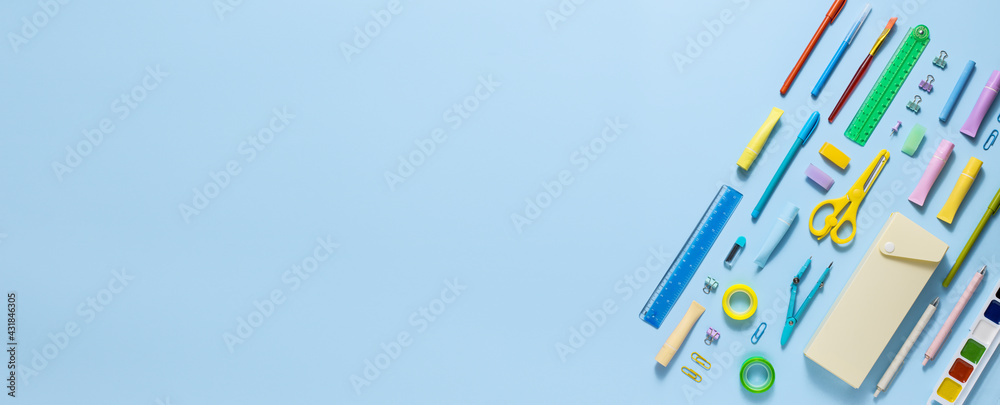 Top view and flat lay of education supplies. Back to school panoramic ...
