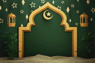 Wall Mural - landscape islamic greeting banner card with insert text blank copy space 3d creative render illustration green background with stars and lantern and desert ramadan kareem eid al fitr mubarak theme