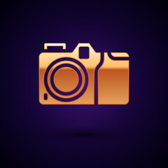 Gold Photo camera icon isolated on black background. Foto camera icon. Vector