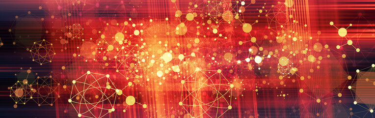 light red blur geometric light on red background with line network data.