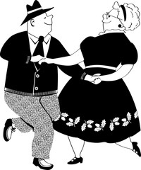 Wall Mural - Senior couple dancing polka, EPS 8 black vector silhouette, no white objects