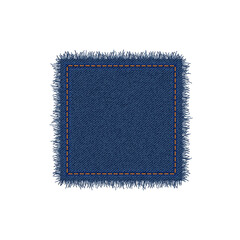 denim square shape with stitches. torn jean patch with seam. vector realistic illustration on white 