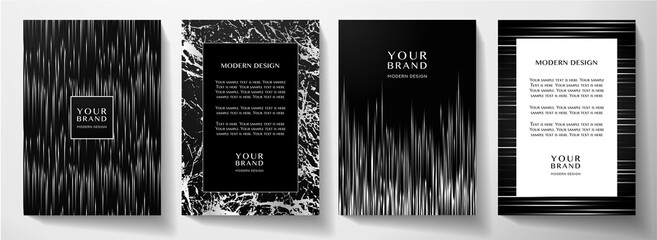 Wall Mural - Modern silver stripe cover design set. Luxury creative dynamic line pattern. Formal premium vector background for business brochure, black poster, luxe booklet, menu template 