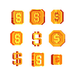 Poster - golden money symbols pixel art icons set. currency dollar, bitcoin, gold bar and coin. design for mo