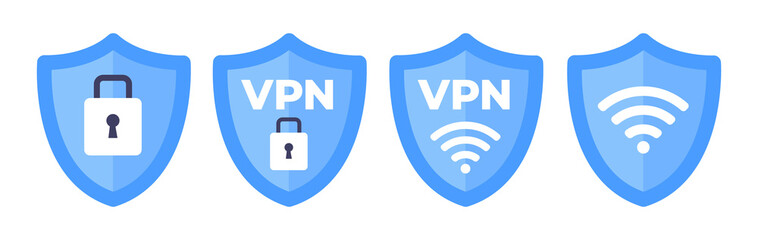 Wall Mural - Wireless shield VPN wifi icon sign flat design vector illustration set. Wifi internet signal symbols in the security shield isolated on white background.